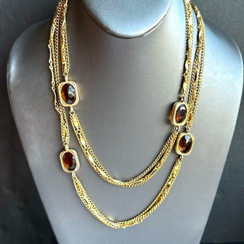 VTG 60’s Sarah Coventry Golden Embers Necklace Gold Tone w Topaz Amber Glass 52”
